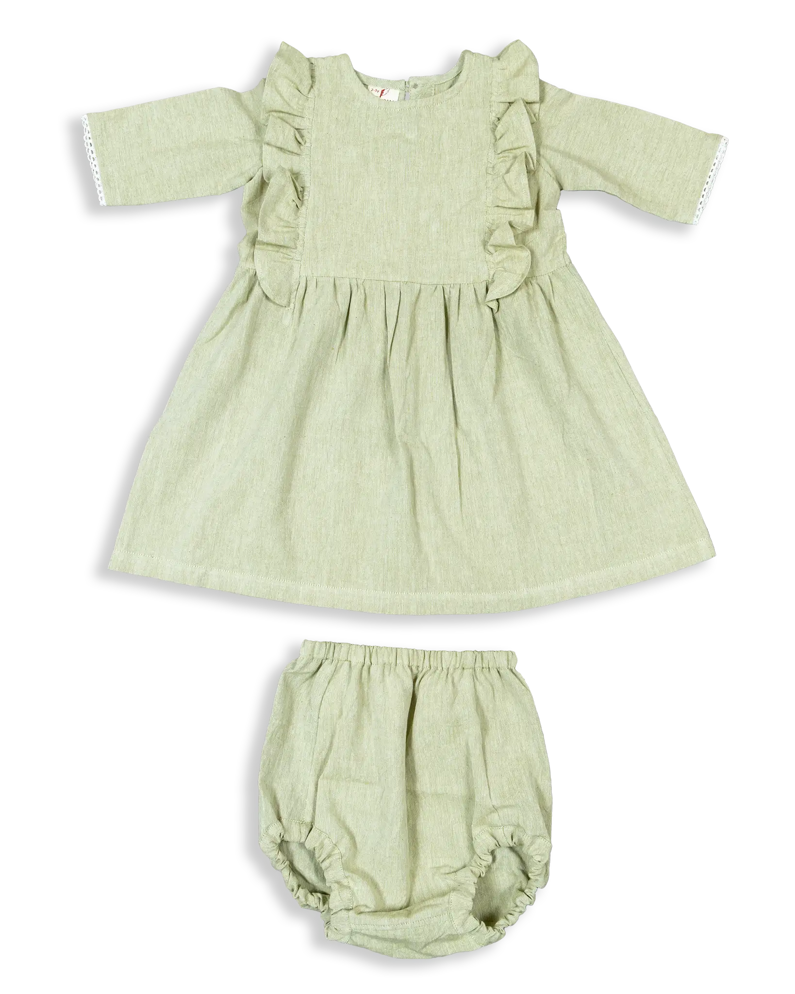 Make her twinkle in the Forget-Me-Not Dress! Our gorgeous dress is made with 100% cotton and lace detail at the sleeves, and a ruffle in front that will make her look extra special. Plus, the bloomer will give her a little extra coverage and comfort.