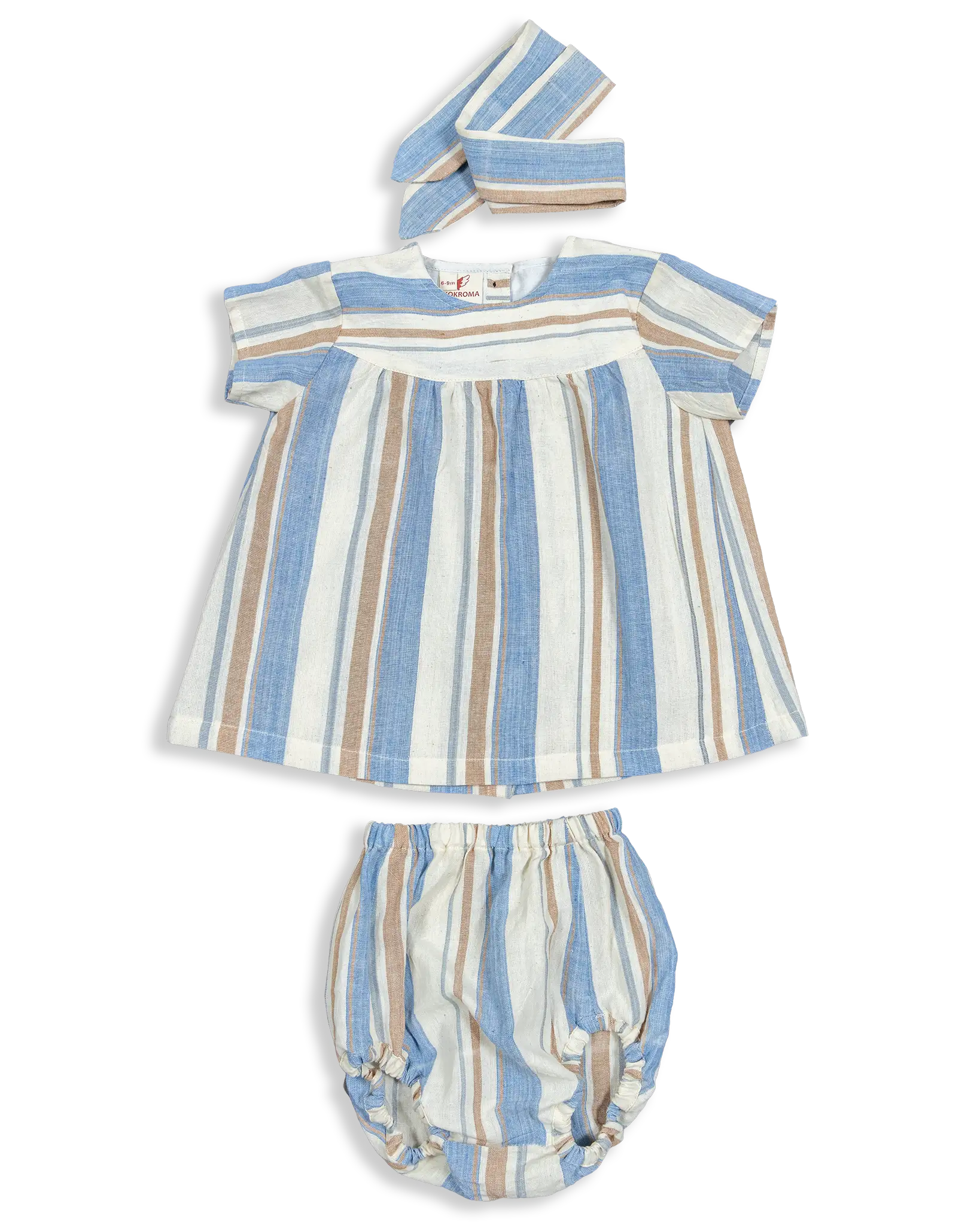 Our kids' dress sets are crafted from 100% stripe woven cotton. This adorable ensemble includes a dress, bloomer, and a stylish three-piece headband. Made with comfort and style in mind, it's the perfect outfit for your little ones.