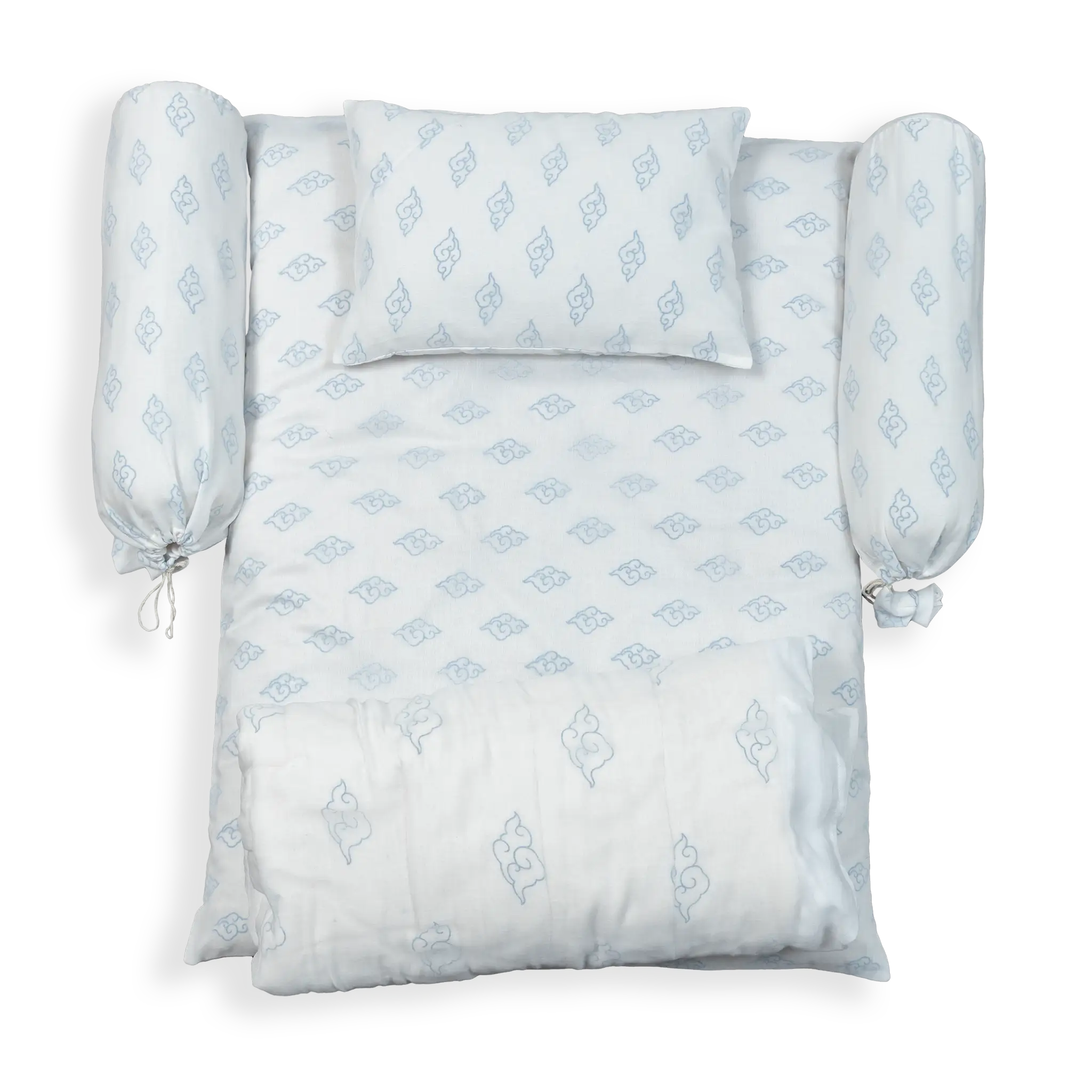 Baby 5 piece Bedding Set. This set includes a soft Mattress, 2 Side Pillows, a Timba Sirak Blanket, and a cozy Head Pillow