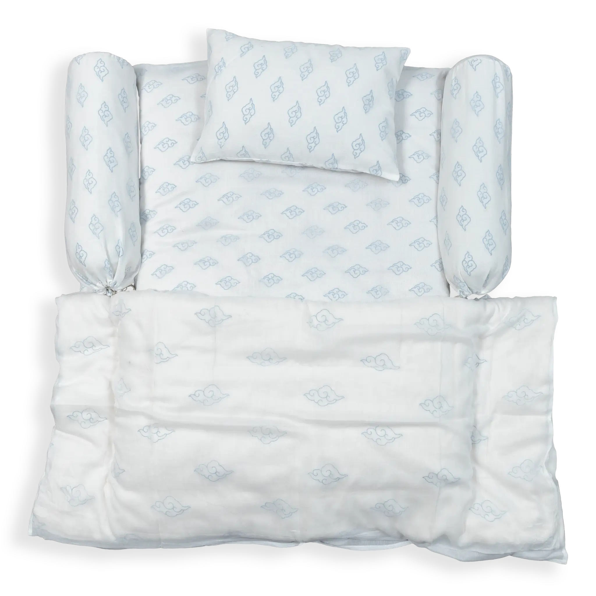 Baby 5 piece Bedding Set. This set includes a soft Mattress, 2 Side Pillows, a Timba Sirak Blanket, and a cozy Head Pillow