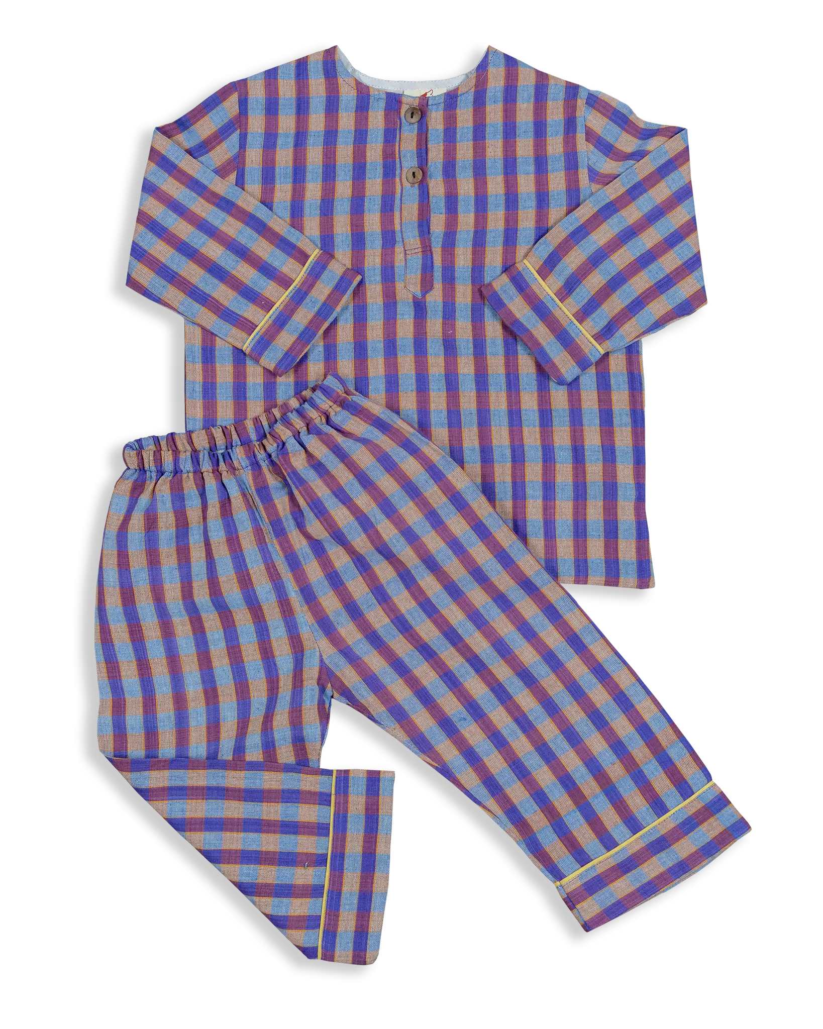 These classic cotton checked Pyjamas are some of our best selling products. Designed and woven here in Nepal they are made with the finest voile lining. It is also known as cotton cashmere, well known and used for kids wear due to the softness and its breathable nature. These unisex pyjamas are soft and sensitive to the skin, offering you peace of mind when dressing your baby. High quality and comfortable - the perfect addition to any baby wardrobe.