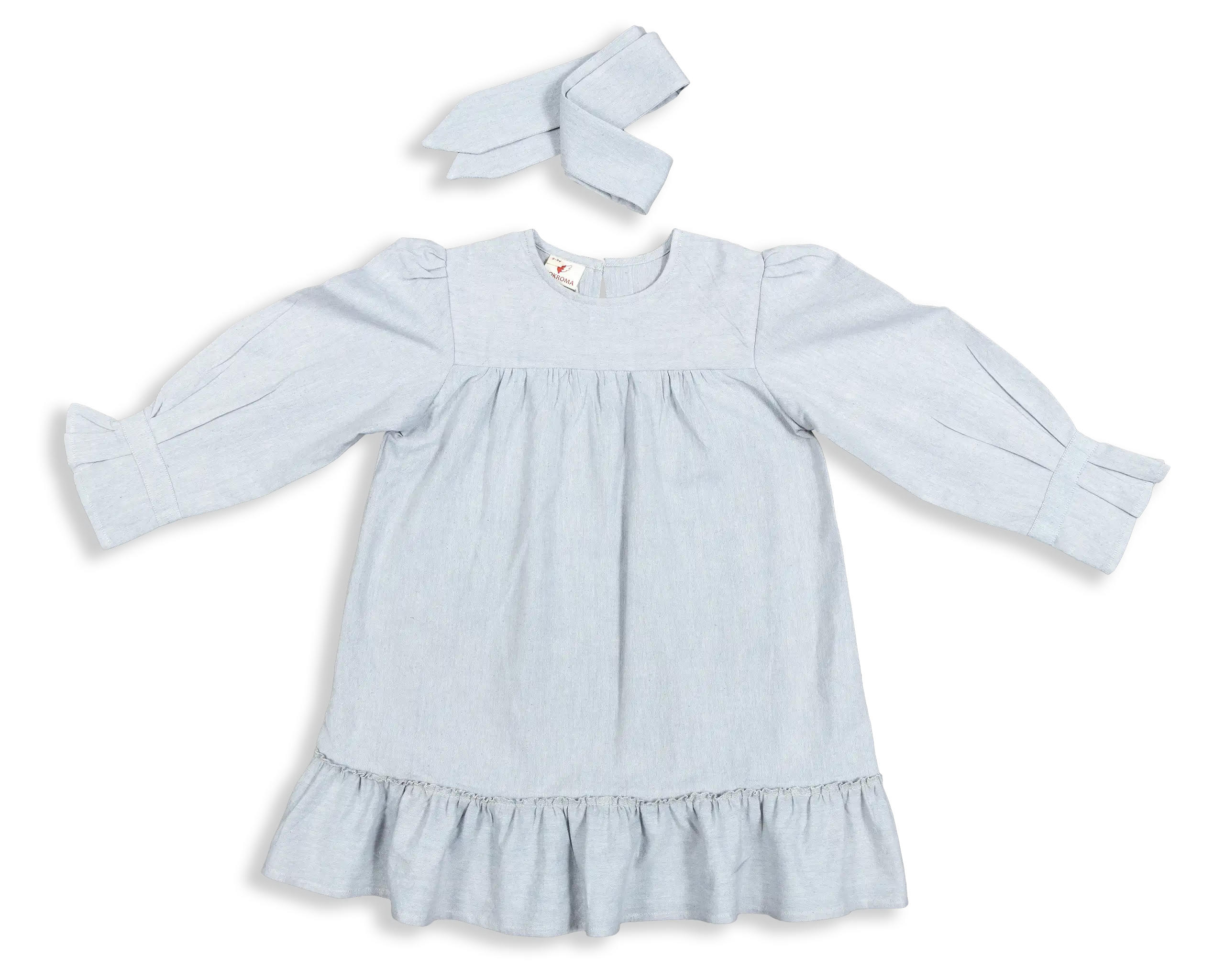 Kokroma's Damini Dress is a sweet addition to our clothing for little girls. With puffed shoulders and gathered cuffs, this warm weather outfit comes with a matching elastic floppy ear hair tie. 