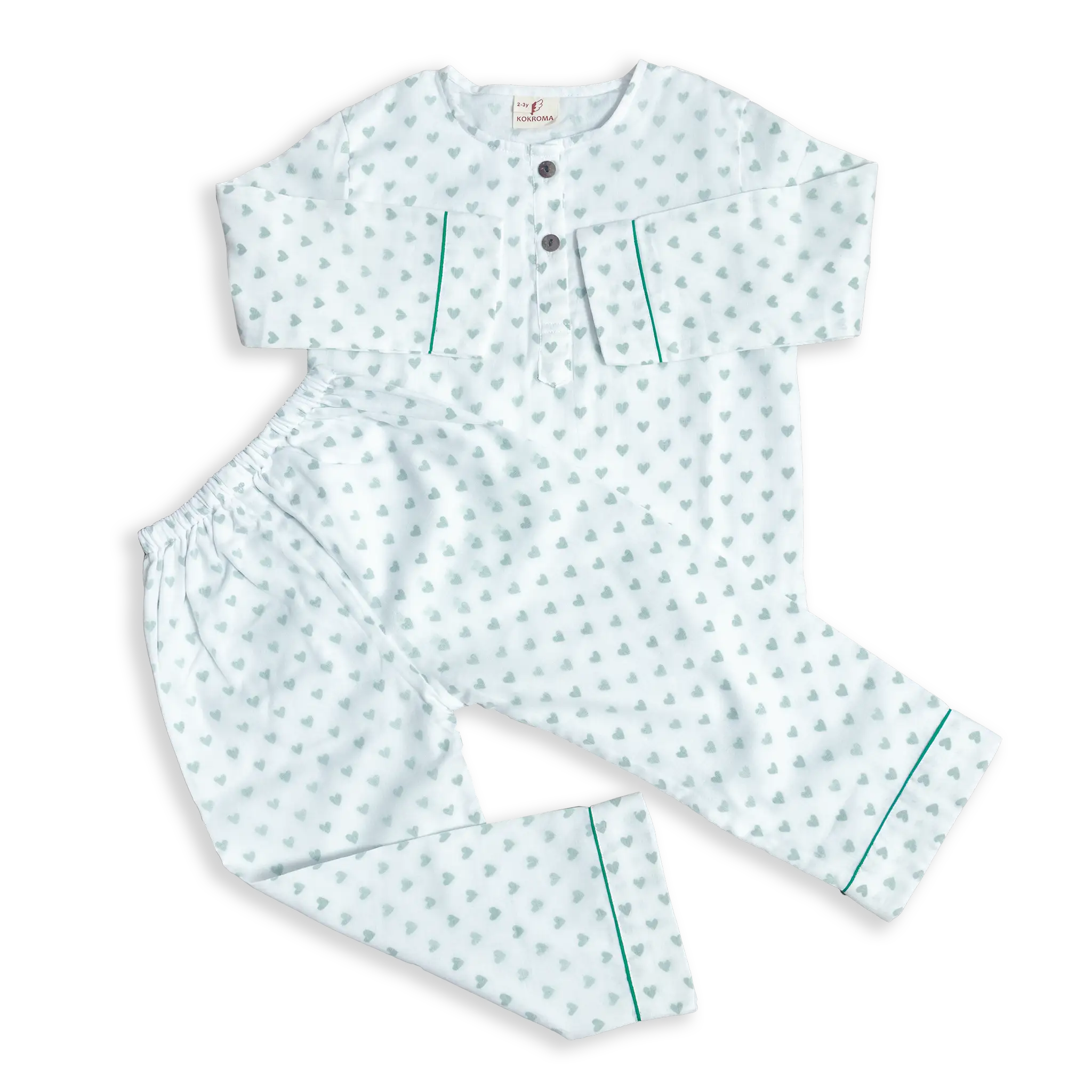 Malmal Pyjamas set boasts a fresh, unisex heart print in three soothing colour shades, perfect for all-season wear. With an elegant design that blends traditional craftsmanship with modern comfort, this pyjama set is super soft and an ideal addition to your child’s wardrobe at any age.
