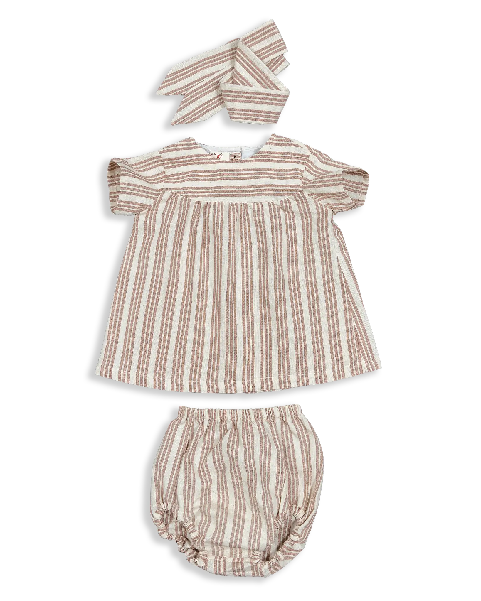 Our kids' dress sets are crafted from 100% stripe woven cotton. This adorable ensemble includes a dress, bloomer, and a stylish three-piece headband. Made with comfort and style in mind, it's the perfect outfit for your little ones.