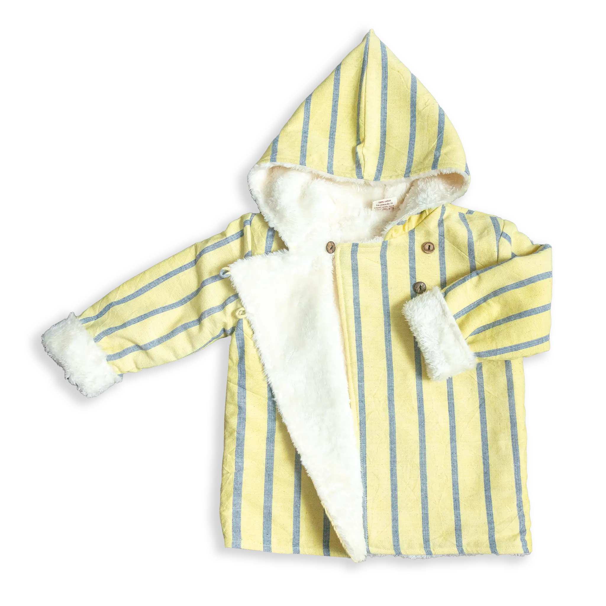 Designed to keep toddlers cozy and stylish during chilly days. This adorable jacket features soft, breathable stripes of pastel pink and yellow with a plush, faux-fur lining that’s gentle on your baby’s skin.