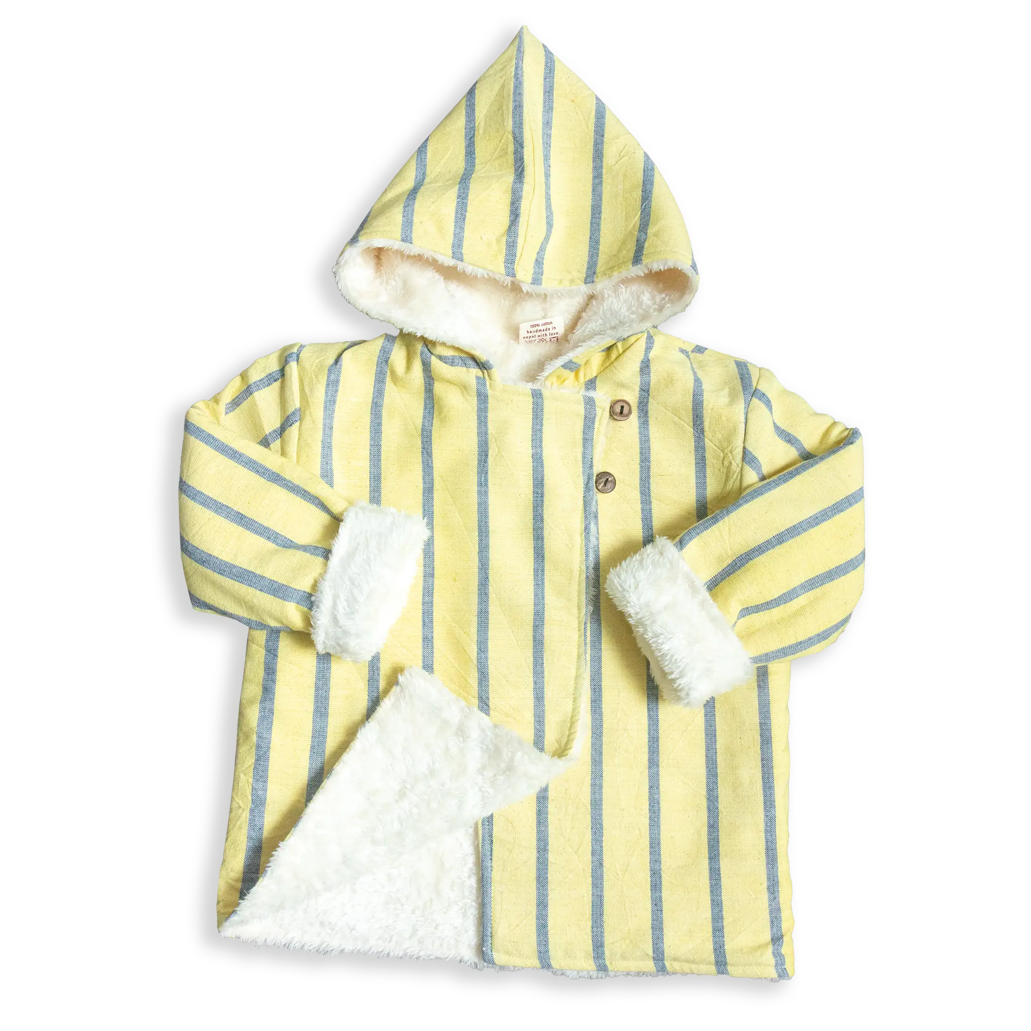 Designed to keep toddlers cozy and stylish during chilly days. This adorable jacket features soft, breathable stripes of pastel pink and yellow with a plush, faux-fur lining that’s gentle on your baby’s skin.