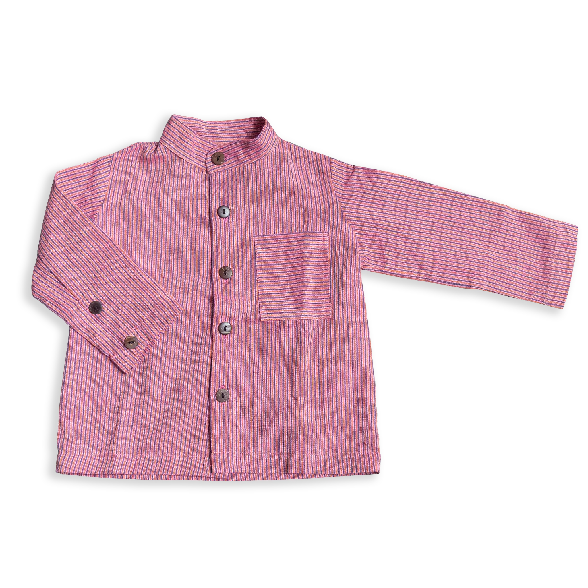 Introduce a pop of colour and tradition into your little one's wardrobe with our Tiny Tucks Shirt. The playful stripes bring a vibrant, unique look that’s rooted in traditional Nepalese design.