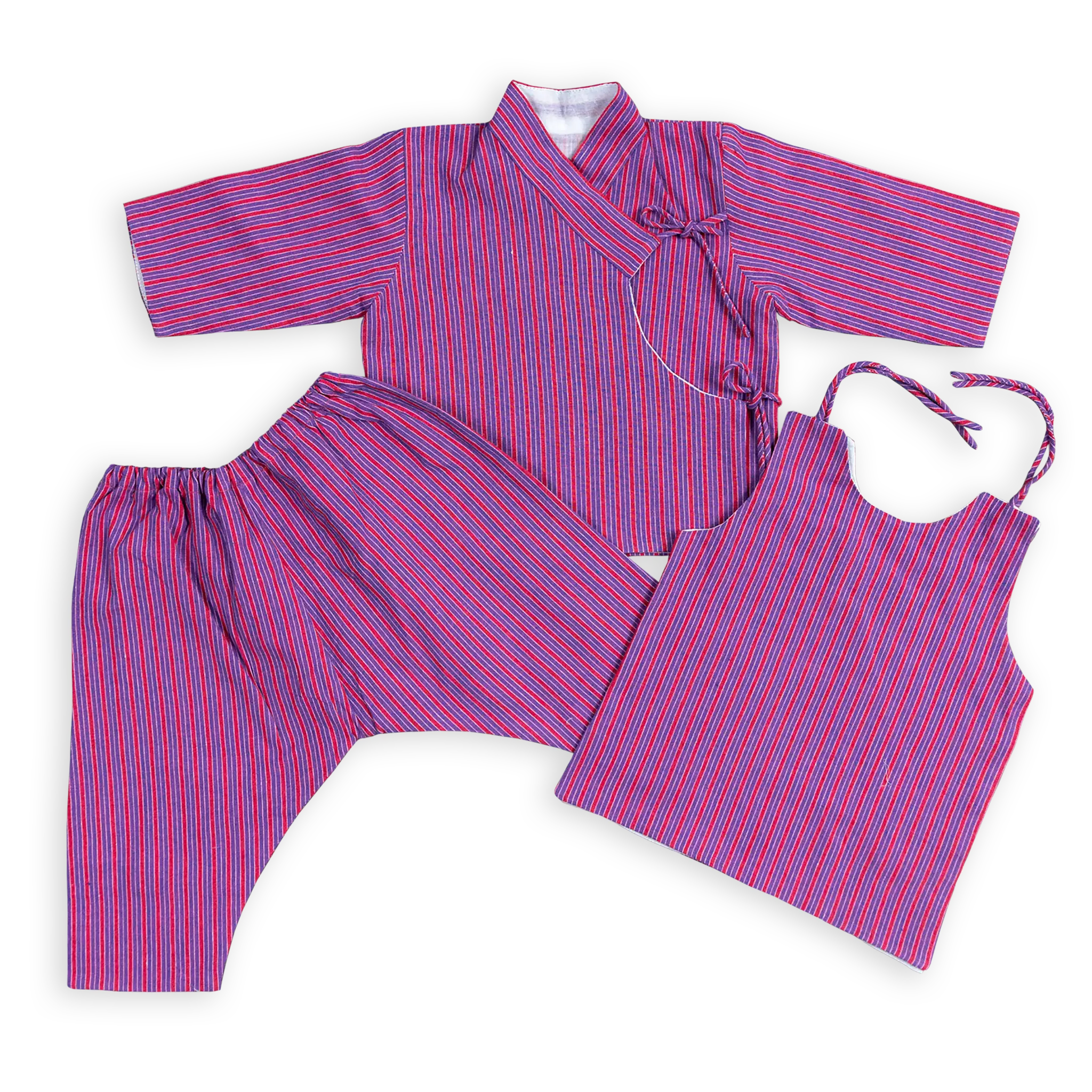 The traditional clothing combination the Nepali Trousers, Bhoto and Overcoat are based on a centuries-old design lined with fine muslin to protect the toddler from cold.