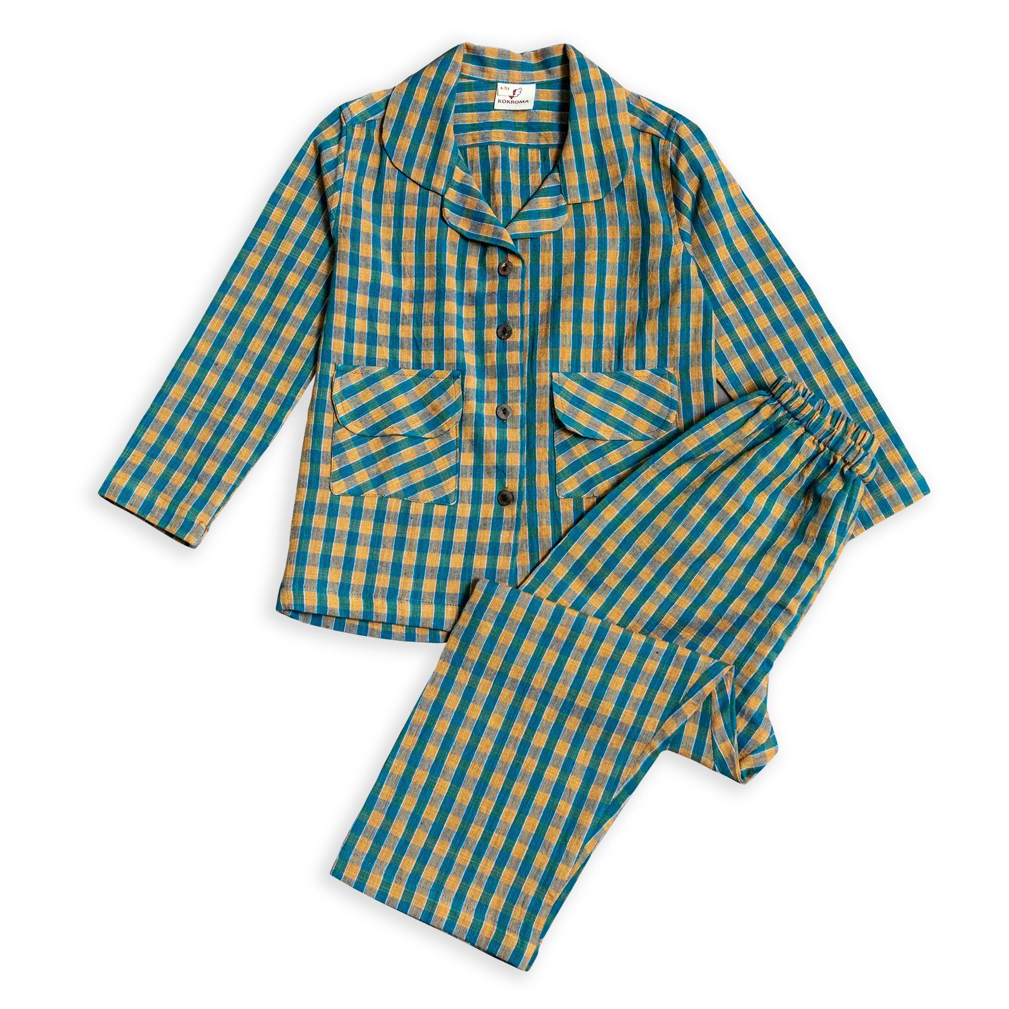 Kokroma's eco-friendly coconut front button design Checked Pyjamas are gentle on the skin and perfect for any baby's wardrobe. 