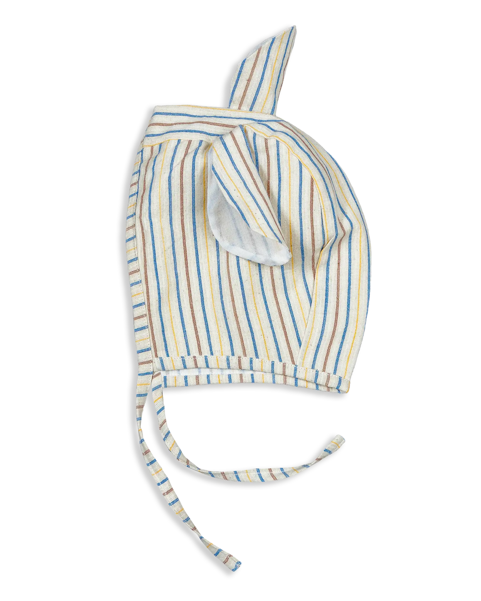 This Bonnet comes in different designs like Bear ears. Our signature striped woven cotton is lined with plain-woven fabric in either blue or pink shades.