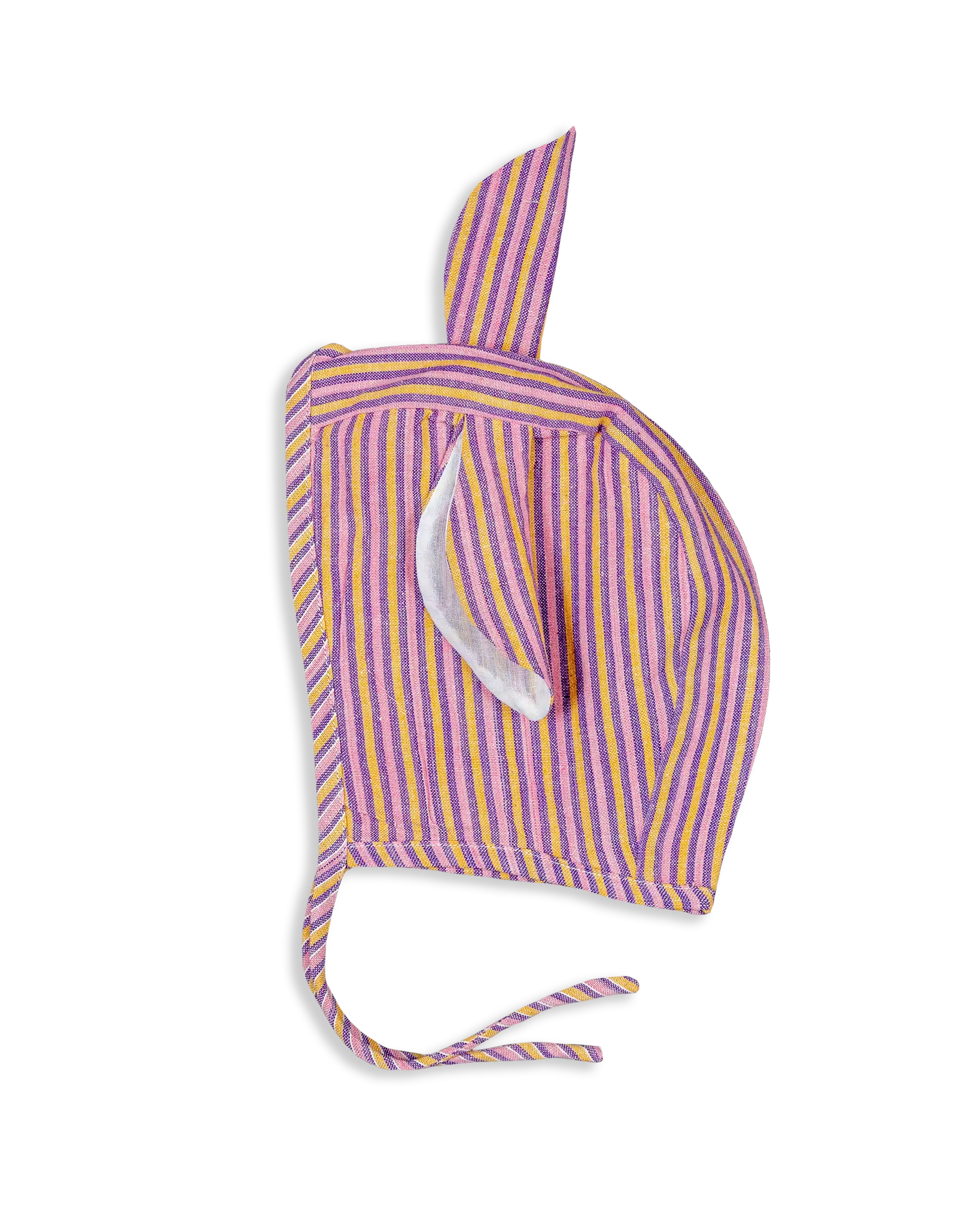 This Bonnet comes in different designs like Bear ears. Our signature striped woven cotton is lined with plain-woven fabric in either blue or pink shades.